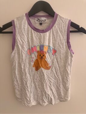omighty Gray Tank Top with Purple Trim and Bear Graphic